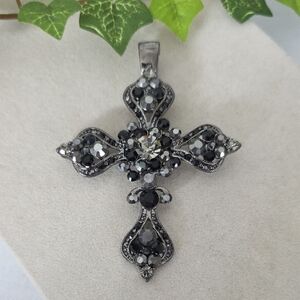 Gunmetal Gothic Style Cross Pendant Magnetic Clasp Black and Clear Rhinestone